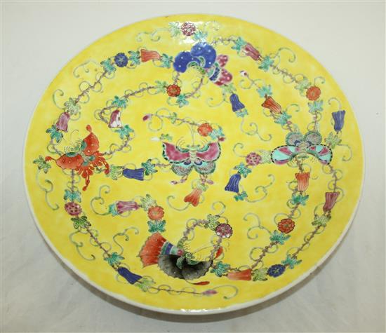 A Chinese yellow ground butterfly dish, 20th century, 33.5cm